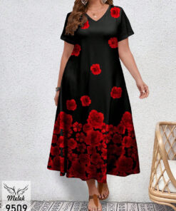 پیراهن مجلسی یقه هفت آستین کوتاه دامن کلوش سایز بزرگ