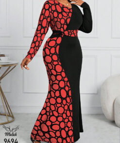 پیراهن مجلسی یقه گرد آستین بلند با کمربند سایز بزرگ