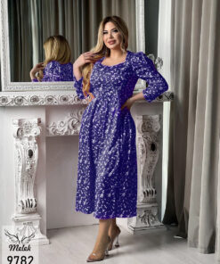 پیراهن ماکسی مجلسی یقه خشتی آستین سه ربع سایز بزرگ