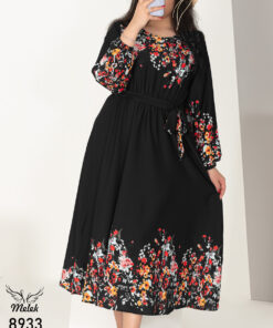 پیراهن مجلسی یقه گرد آستین بلند کمر کشی با کمربند سایز بزرگ