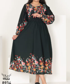 پیراهن مجلسی یقه گرد آستین بلند کمر کشی با کمربند سایز بزرگ