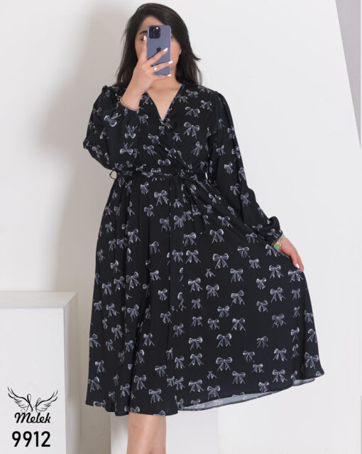 پیراهن مجلسی یقه گرد آستین فانوسی با کمربند سایز بزرگ