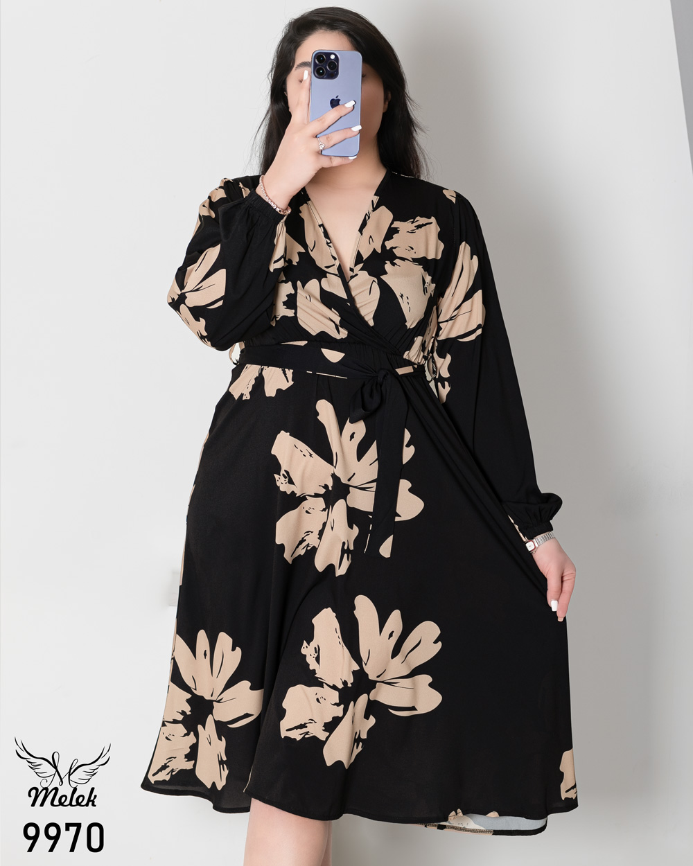 پیراهن مجلسی یقه ضربدری آستین فانوسی با کمربند سایز بزرگ