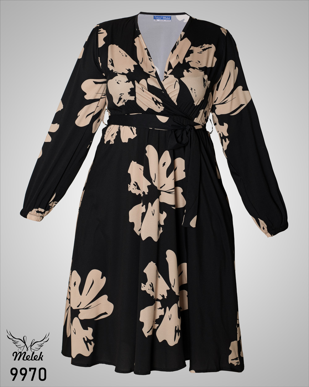 پیراهن مجلسی یقه ضربدری آستین فانوسی با کمربند سایز بزرگ - غیر ژورنالی