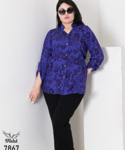 شومیز مجلسی یقه هفت جلو دکمه بازشو آستین پاگن دار سایز بزرگ