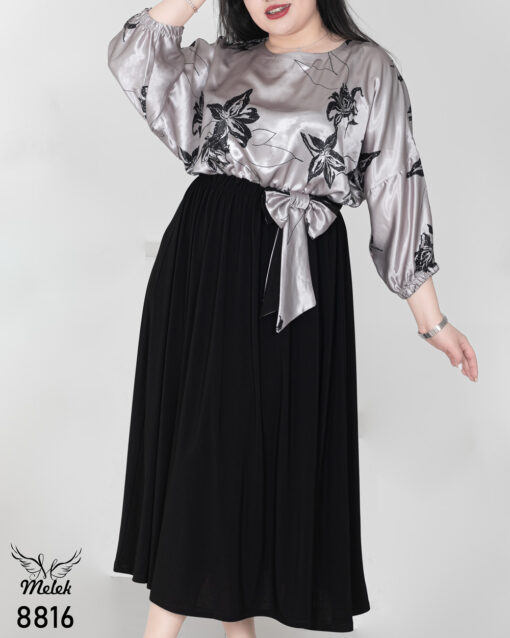 پیراهن مجلسی یقه گرد آستین کیمونو سه ربع سایز بزرگ