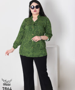 شومیز مجلسی یقه هفت جلو دکمه بازشو آستین پاگن دار سایز بزرگ