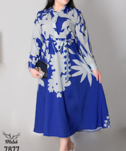 پیراهن مانتویی مجلسی یقه دکمه بازشو آستین بلند کمر کشی با کمربند سایز بزرگ