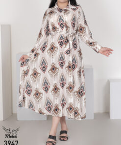 پیراهن مانتویی مجلسی یقه دکمه بازشو آستین بلند کمر کشی با کمربند سایز بزرگ