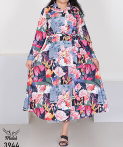 پیراهن مانتویی مجلسی یقه دکمه بازشو آستین بلند کمر کشی با کمربند سایز بزرگ