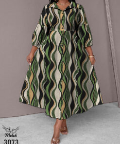 پیراهن مانتویی مجلسی جلو دکمه بازشو آستین سه ربع دامن کلوش سایز بزرگ