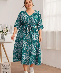 پیراهن مانتویی مجلسی یقه هفت کمر کشی دکمه نما با کمربند سایز بزرگ