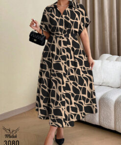 پیراهن مانتویی مجلسی یقه ضربدری تک دکمه آستین کیمونو سایز بزرگ