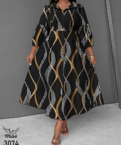 پیراهن مانتویی مجلسی جلو دکمه بازشو آستین سه ربع دامن کلوش سایز بزرگ