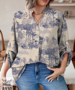 شومیز خاص مجلسی یقه هفت جلو دکمه بازشو آستین پاگن دار سایز بزرگ