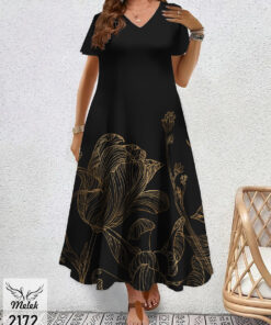 پیراهن مجلسی یقه هفت آستین کوتاه دامن کلوش سایز بزرگ