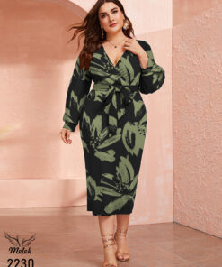 پیراهن مجلسی یقه ضربدری آستین بلند با کمربند سایز بزرگ