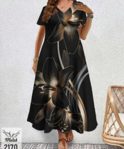 پیراهن مجلسی یقه هفت آستین کوتاه دامن کلوش سایز بزرگ