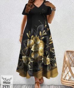 پیراهن مجلسی یقه هفت آستین کوتاه دامن کلوش سایز بزرگ