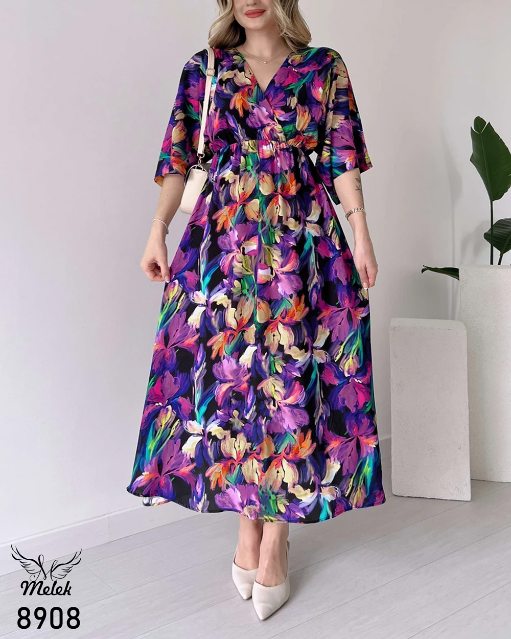 پیراهن مجلسی یقه ضربدری آستین کیمونو کمر کشی سایز بزرگ