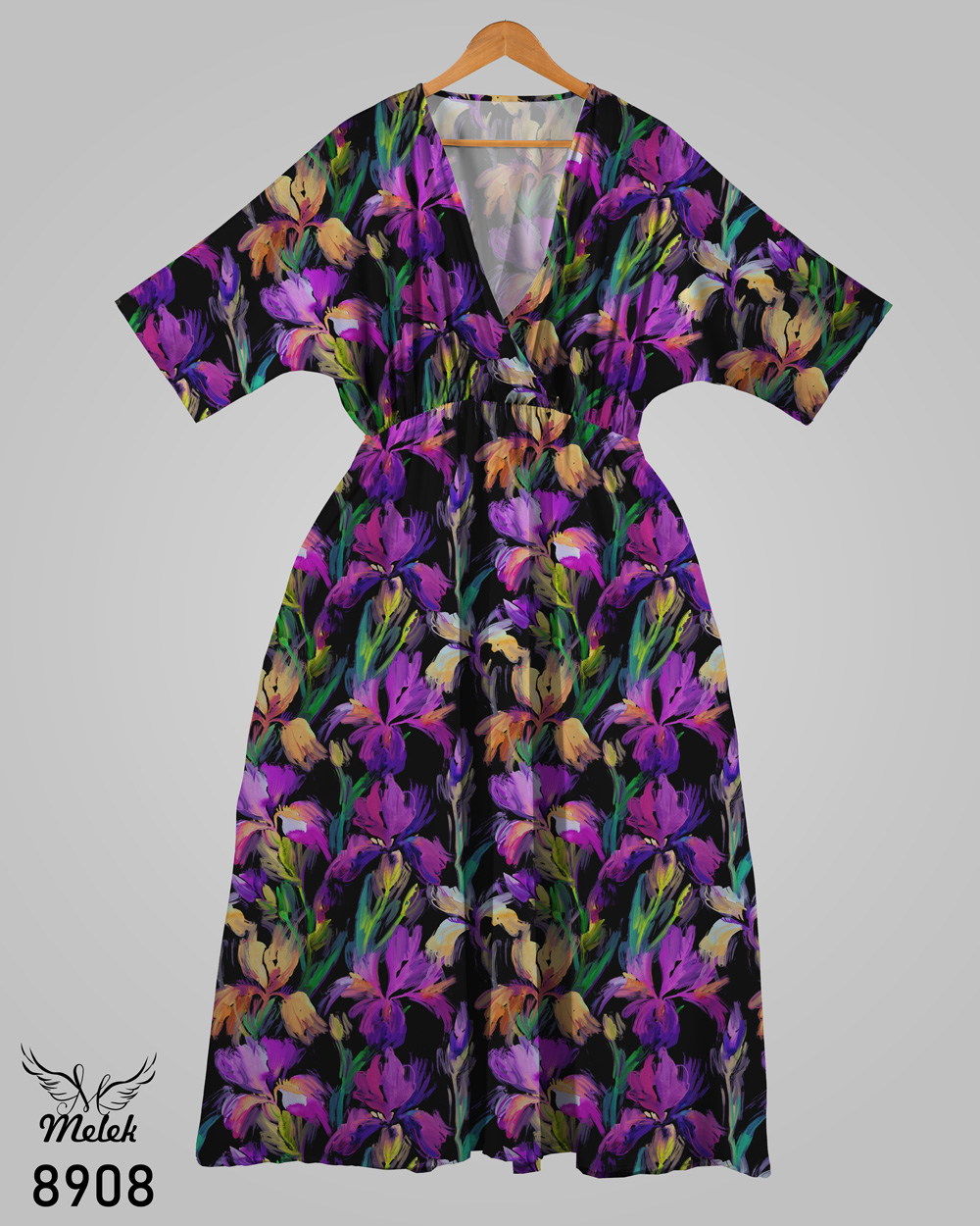 پیراهن مجلسی یقه ضربدری آستین کیمونو کمر کشی سایز بزرگ - غیر ژورنالی