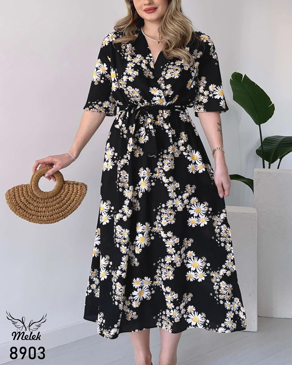 پیراهن مجلسی یقه ضربدری آستین کیمونو کمر کشی سایز بزرگ