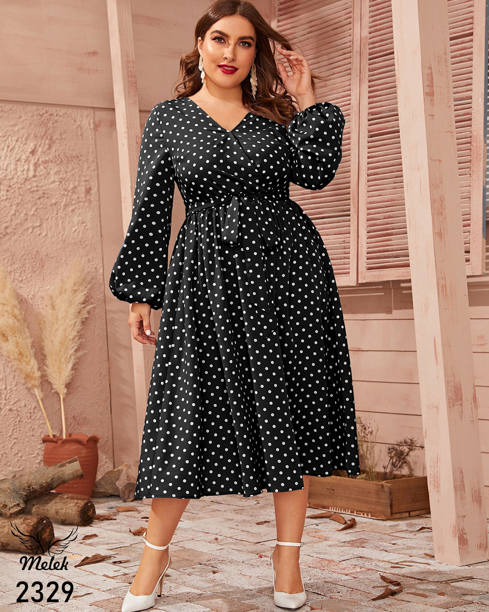 پیراهن مجلسی یقه ضربدری آستین فانوسی با کمربند سایز بزرگ