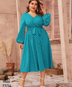 پیراهن مجلسی یقه ضربدری آستین فانوسی با کمربند سایز بزرگ