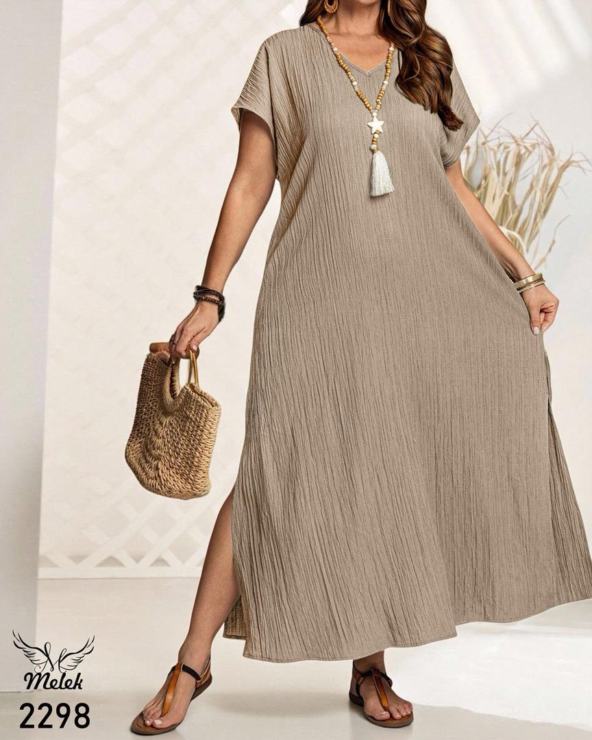 پیراهن ساحلی مجلسی یقه هفت آستین کوتاه دامن چاکدار سایز بزرگ - غیر ژورنالی