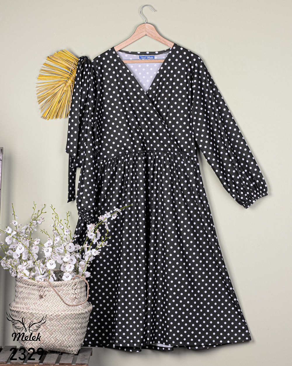 پیراهن مجلسی یقه ضربدری آستین فانوسی با کمربند سایز بزرگ - غیر ژورنالی