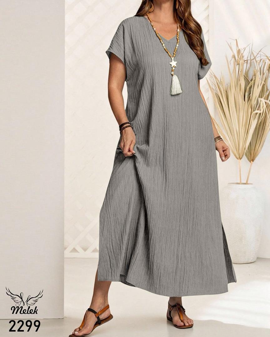 پیراهن ساحلی مجلسی یقه هفت آستین کوتاه دامن چاکدار سایز بزرگ