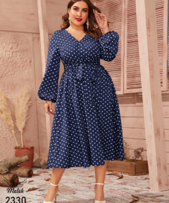 پیراهن مجلسی یقه ضربدری آستین فانوسی با کمربند سایز بزرگ