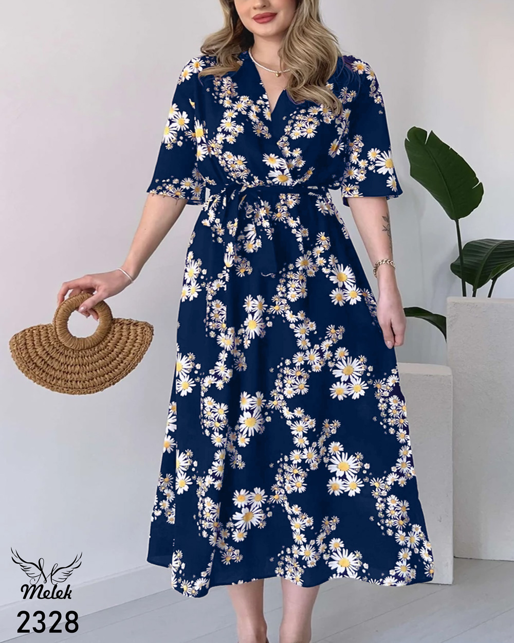 پیراهن مجلسی یقه ضربدری آستین کیمونو کمر کشی سایز بزرگ