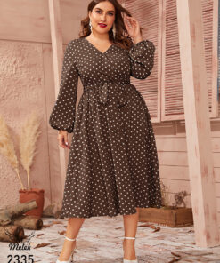 پیراهن مجلسی یقه ضربدری آستین فانوسی با کمربند سایز بزرگ