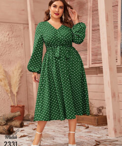 پیراهن مجلسی یقه ضربدری آستین فانوسی با کمربند سایز بزرگ