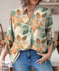 شومیز خاص مجلسی یقه هفت جلو دکمه بازشو آستین پاگن دار سایز بزرگ