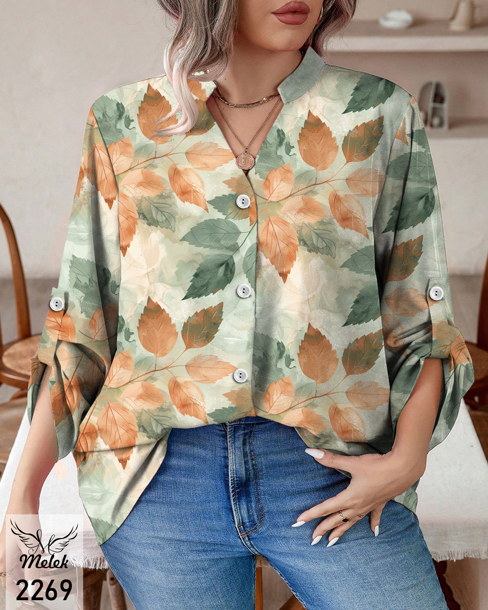 شومیز خاص مجلسی یقه هفت جلو دکمه بازشو آستین پاگن دار سایز بزرگ - غیر ژورنالی