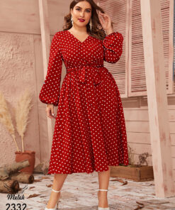 پیراهن مجلسی یقه ضربدری آستین فانوسی با کمربند سایز بزرگ