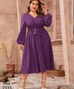 پیراهن مجلسی یقه ضربدری آستین فانوسی با کمربند سایز بزرگ