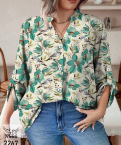 شومیز خاص مجلسی یقه هفت جلو دکمه بازشو آستین پاگن دار سایز بزرگ