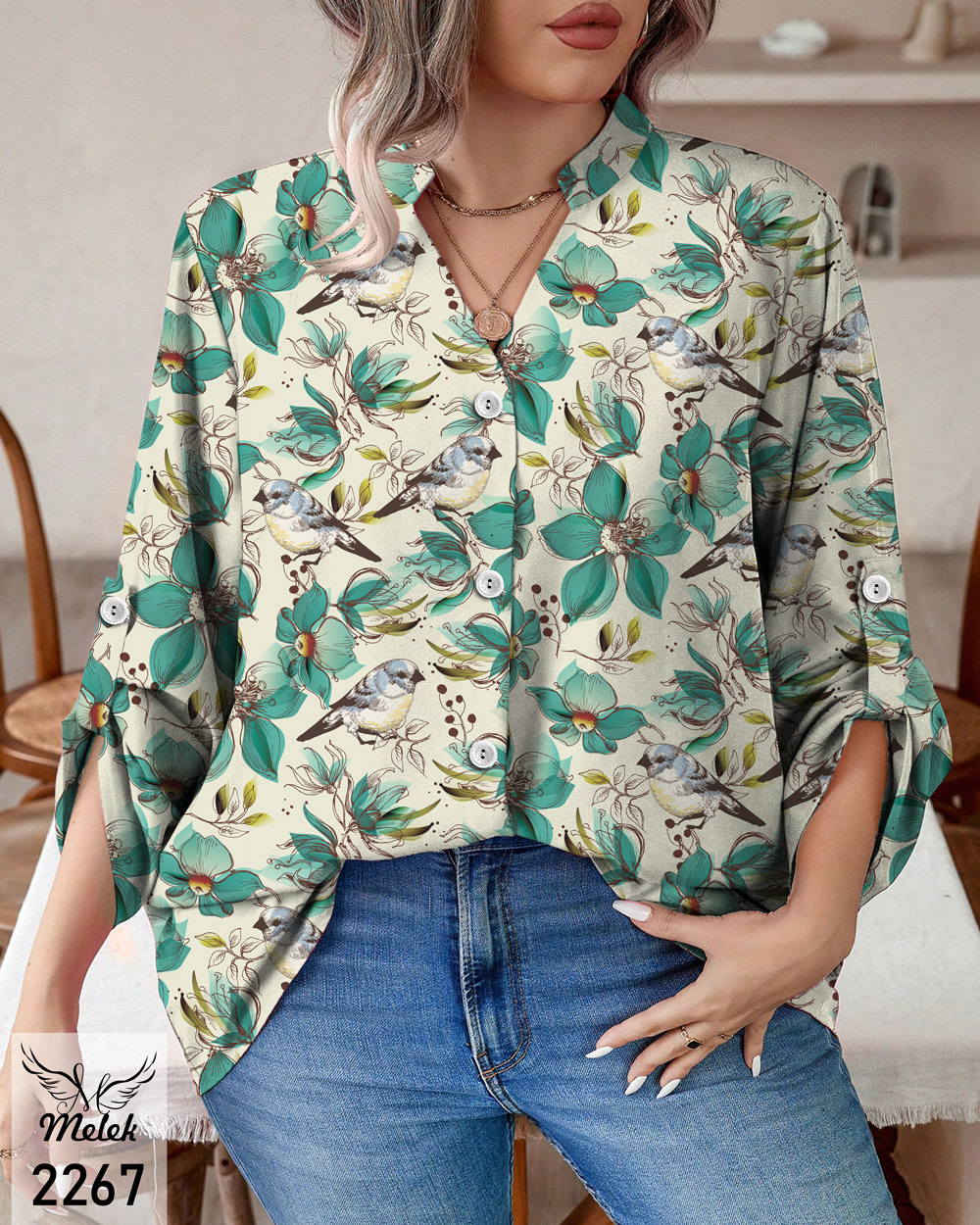 شومیز خاص مجلسی یقه هفت جلو دکمه بازشو آستین پاگن دار سایز بزرگ