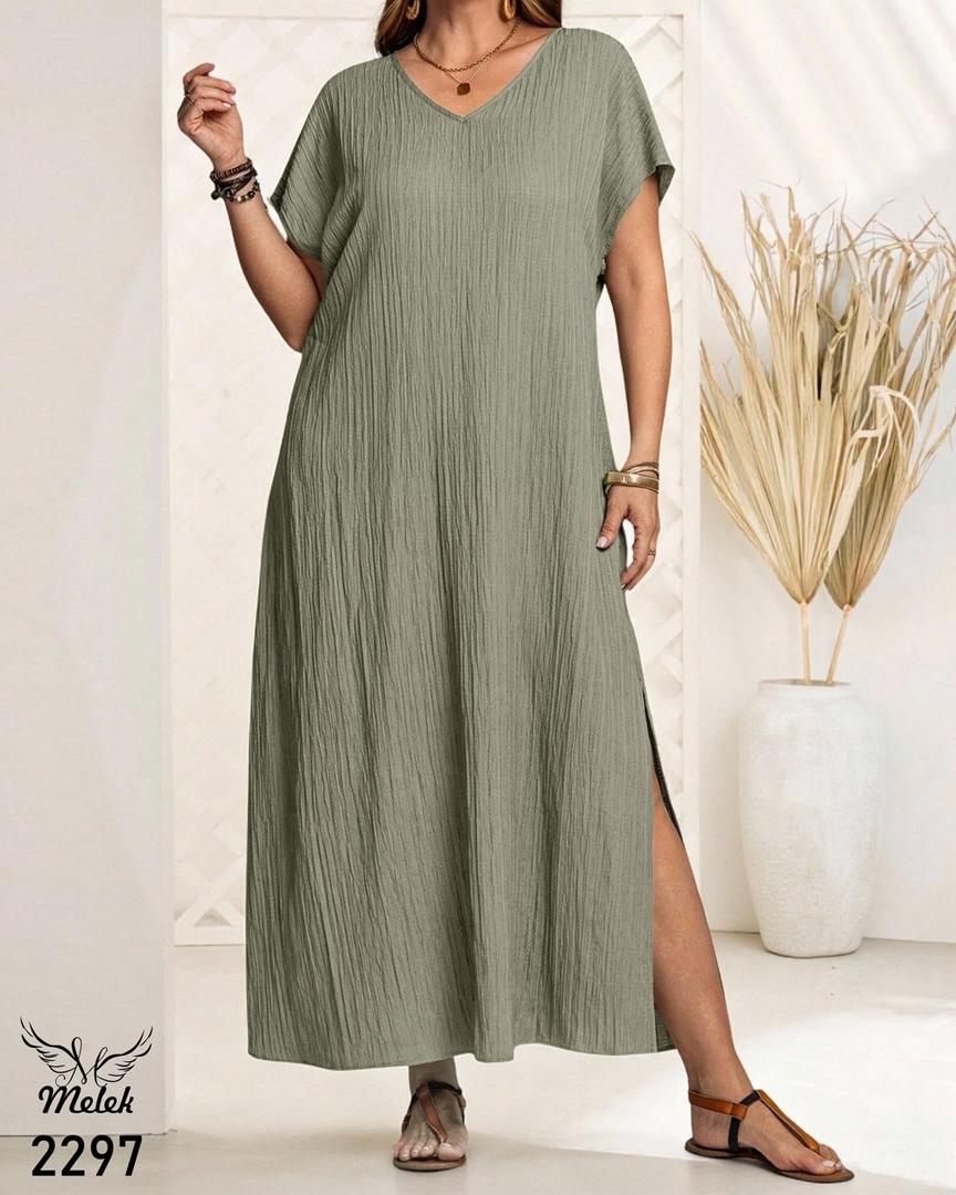 پیراهن ساحلی مجلسی یقه هفت آستین کوتاه دامن چاکدار سایز بزرگ