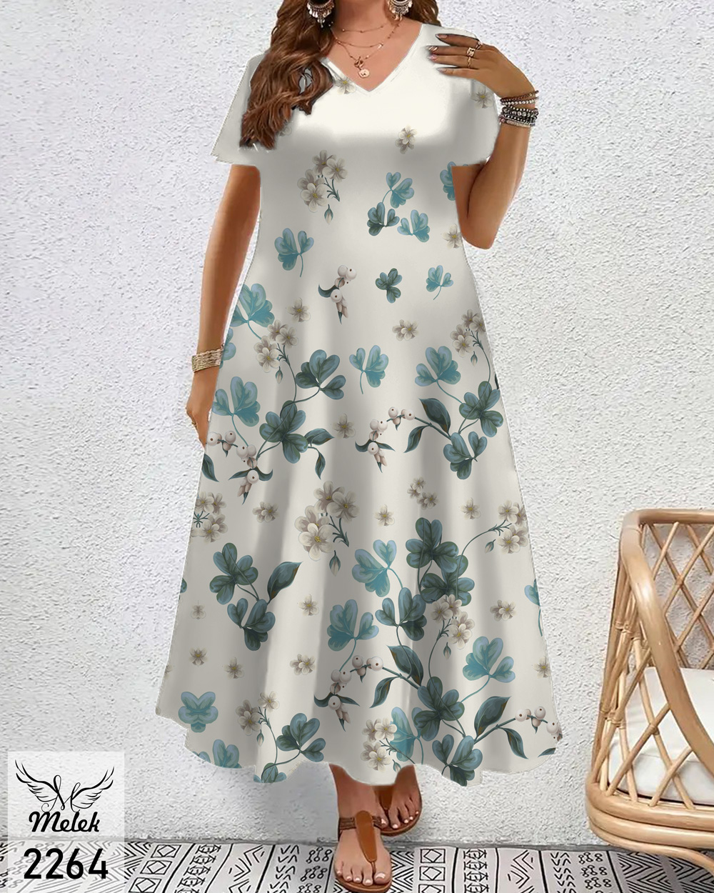 پیراهن مجلسی یقه هفت آستین کوتاه دامن کلوش سایز بزرگ