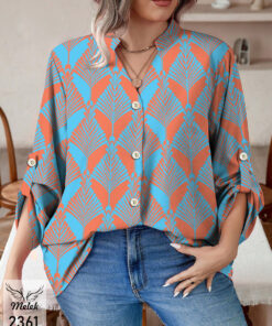 شومیز خاص مجلسی یقه هفت جلو دکمه بازشو آستین پاگن دار سایز بزرگ