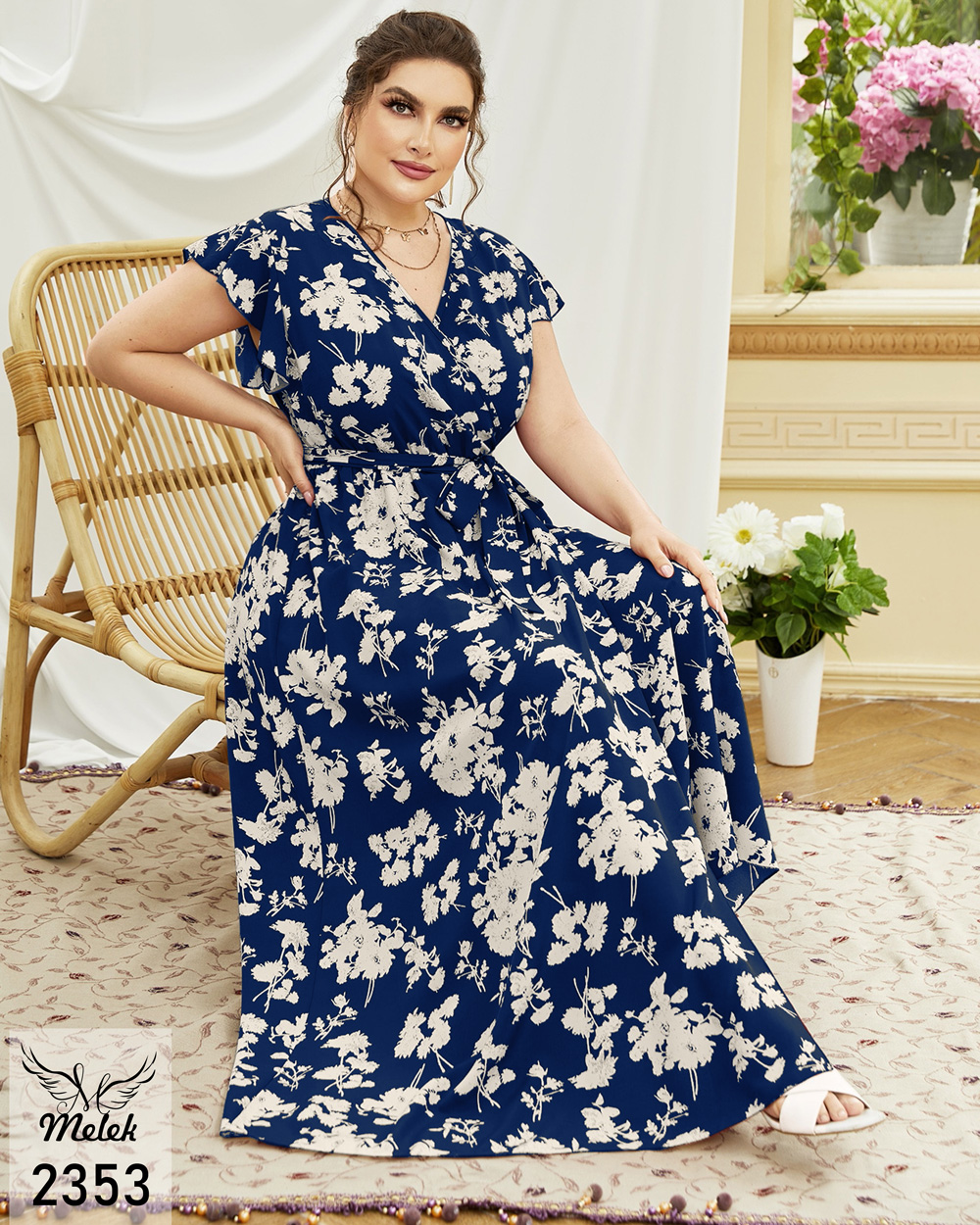 پیراهن مجلسی یقه ضربدری آستین کوتاه با کمربند سایز بزرگ