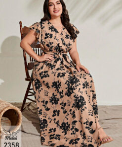 پیراهن مجلسی یقه ضربدری آستین کوتاه با کمربند سایز بزرگ