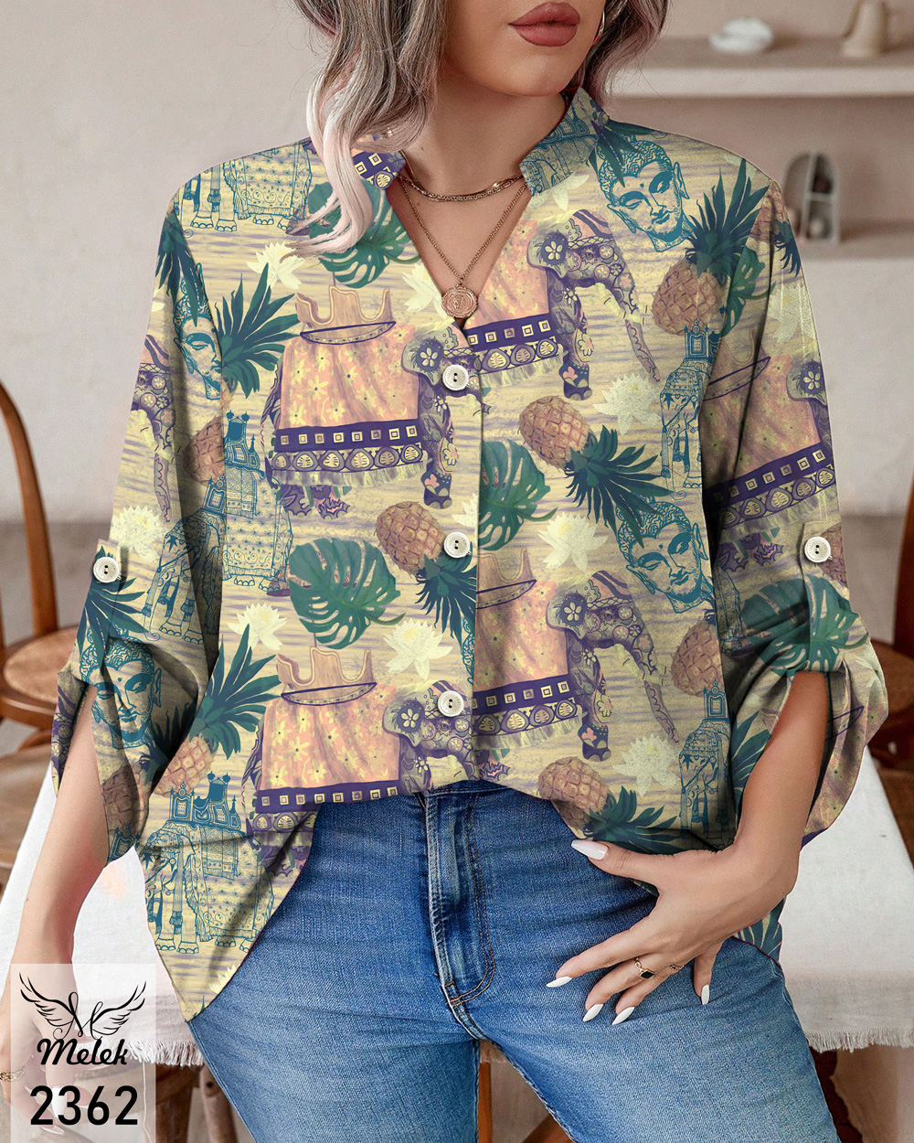 شومیز خاص مجلسی یقه هفت جلو دکمه بازشو آستین پاگن دار سایز بزرگ