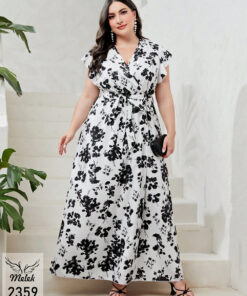 پیراهن مجلسی یقه ضربدری آستین کوتاه با کمربند سایز بزرگ