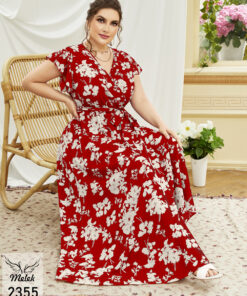 پیراهن مجلسی یقه ضربدری آستین کوتاه با کمربند سایز بزرگ