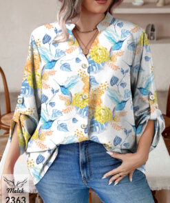 شومیز خاص مجلسی یقه هفت جلو دکمه بازشو آستین پاگن دار سایز بزرگ